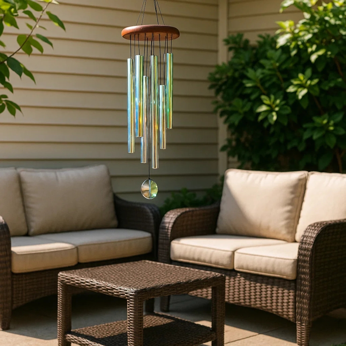 Noisy wind chimes hanging near patio furniture to scare birds away using sound.
