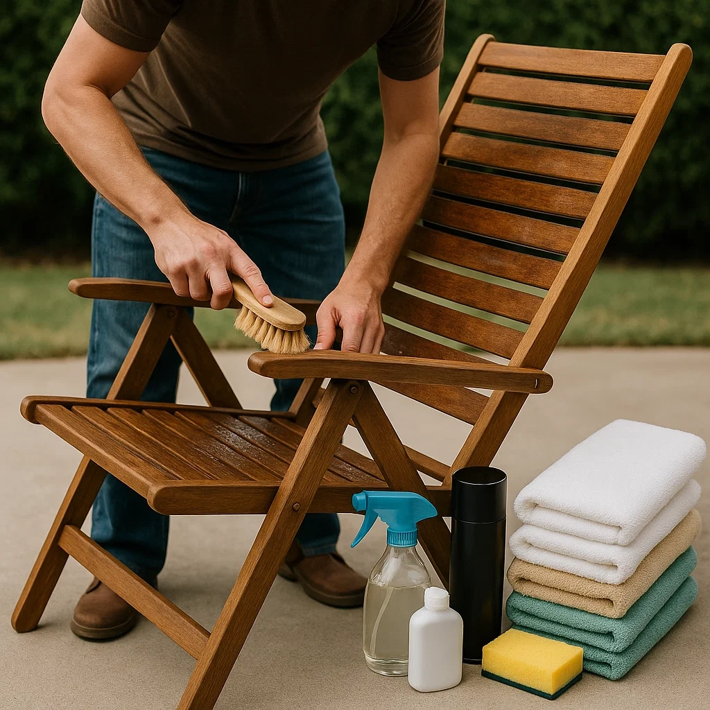 Outdoor wooden chairs made from teak and pine, perfect for relaxing on patios.