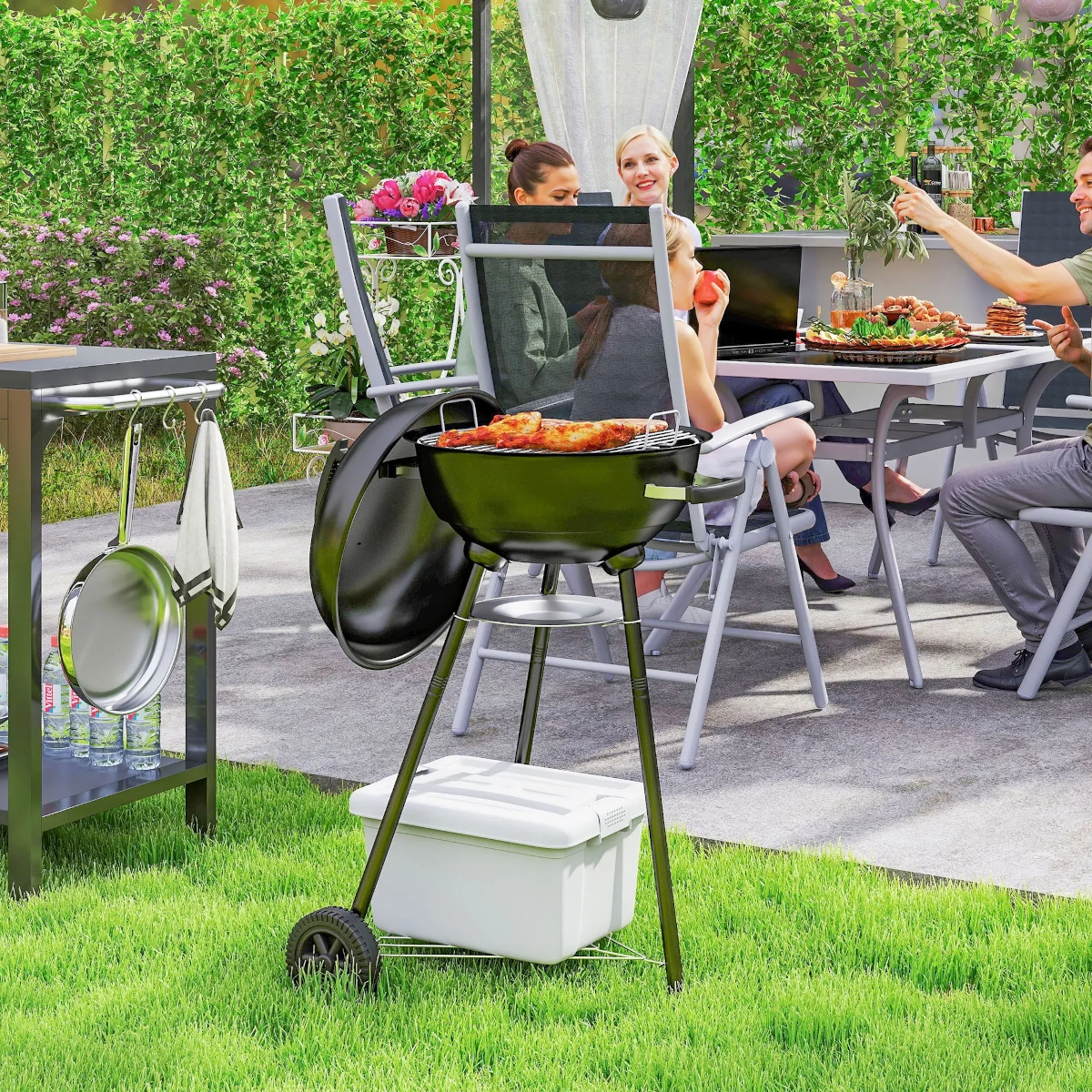 Portable charcoal grill featuring ash catcher for easy cleanup while camping.