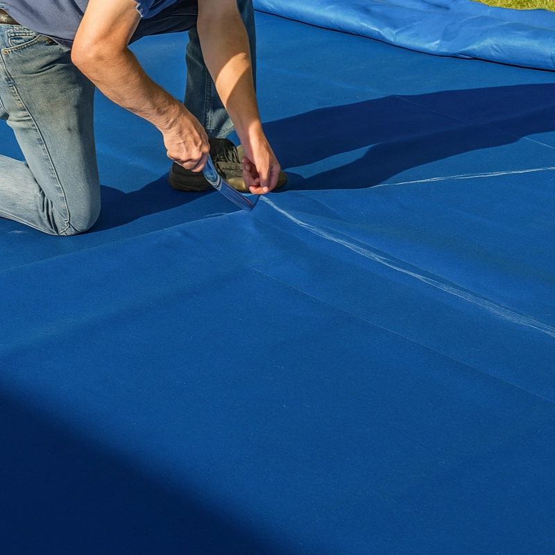 Cutting UV-resistant fabric into shape with seam allowance for making a durable shade sail.