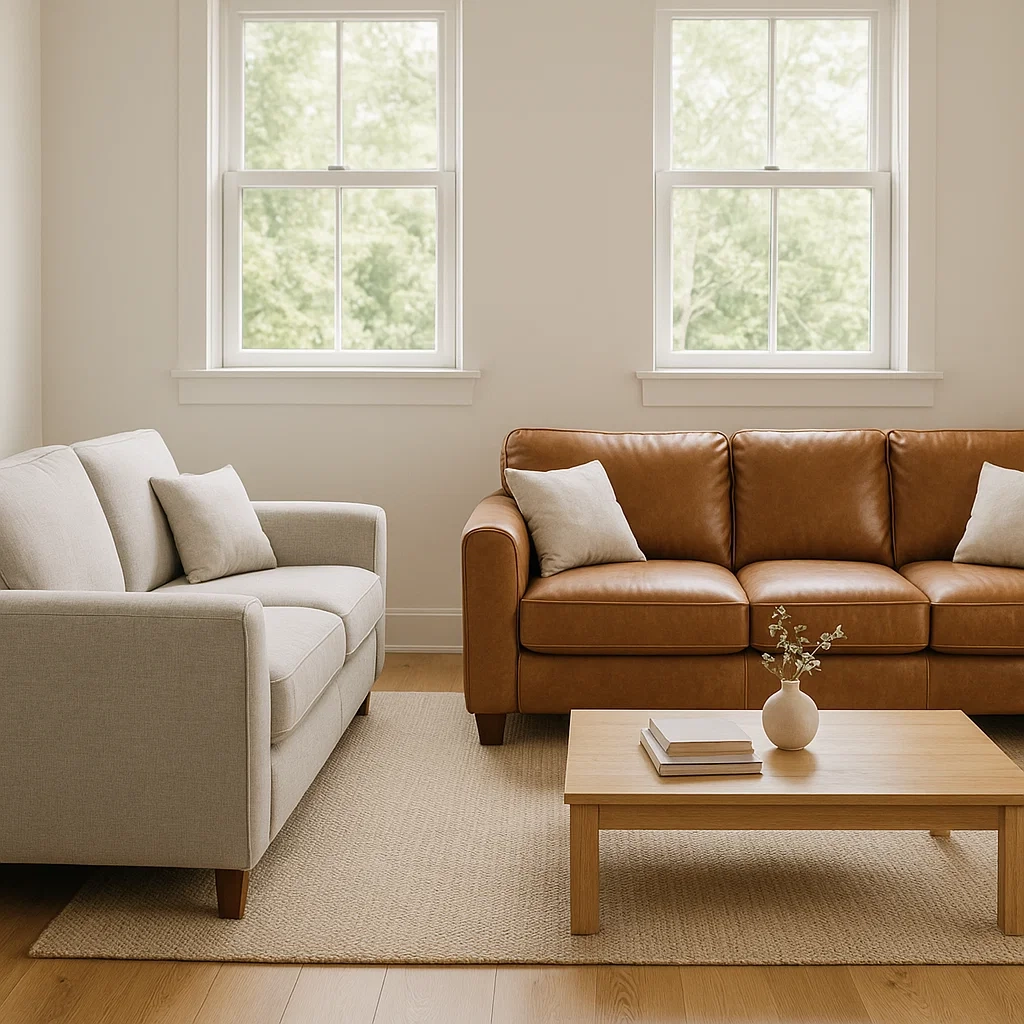 Grey loveseat and brown leather sofa in bright living room with wooden coffee table.