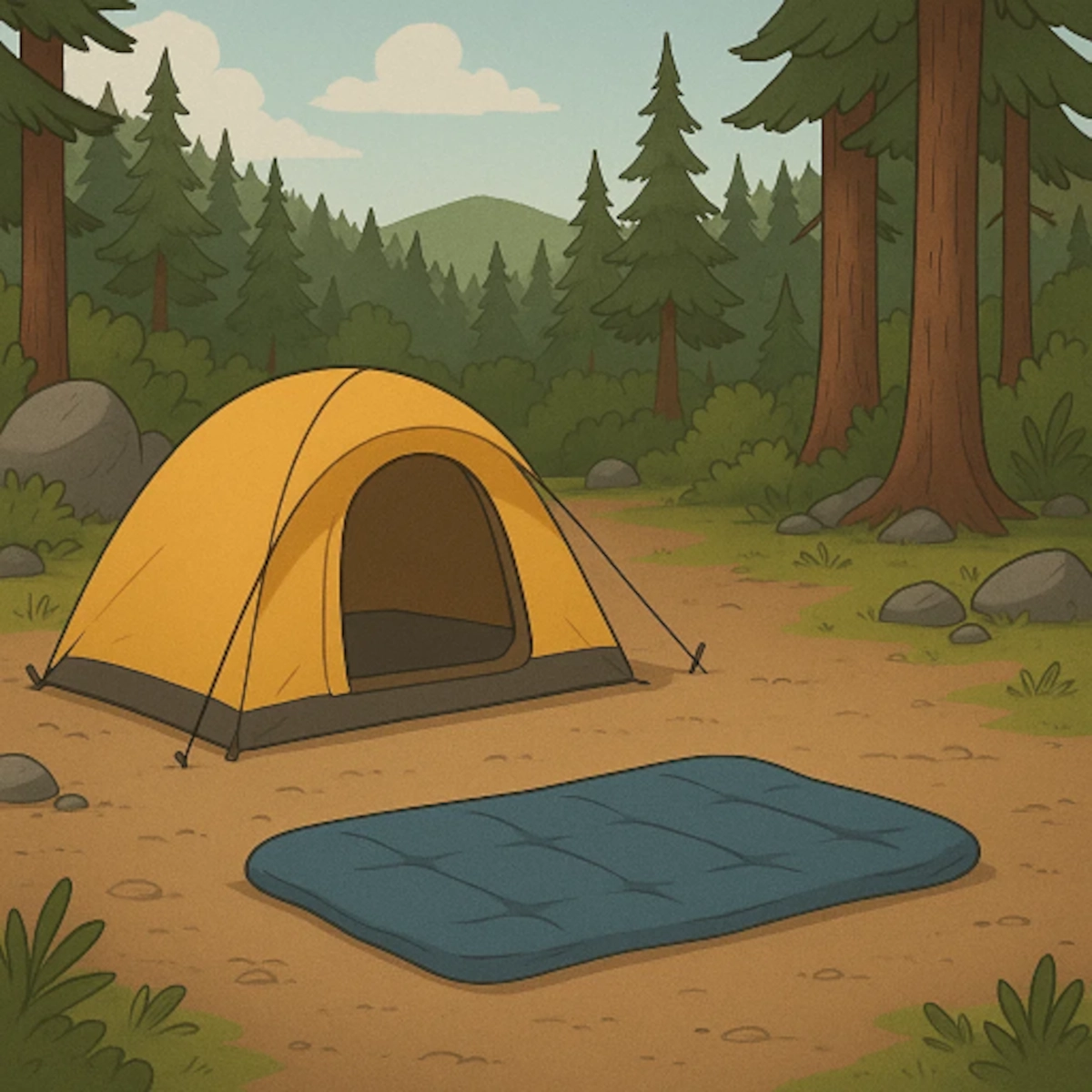 Yellow camping tent beside a deflated blue air mattress in a forest campsite.