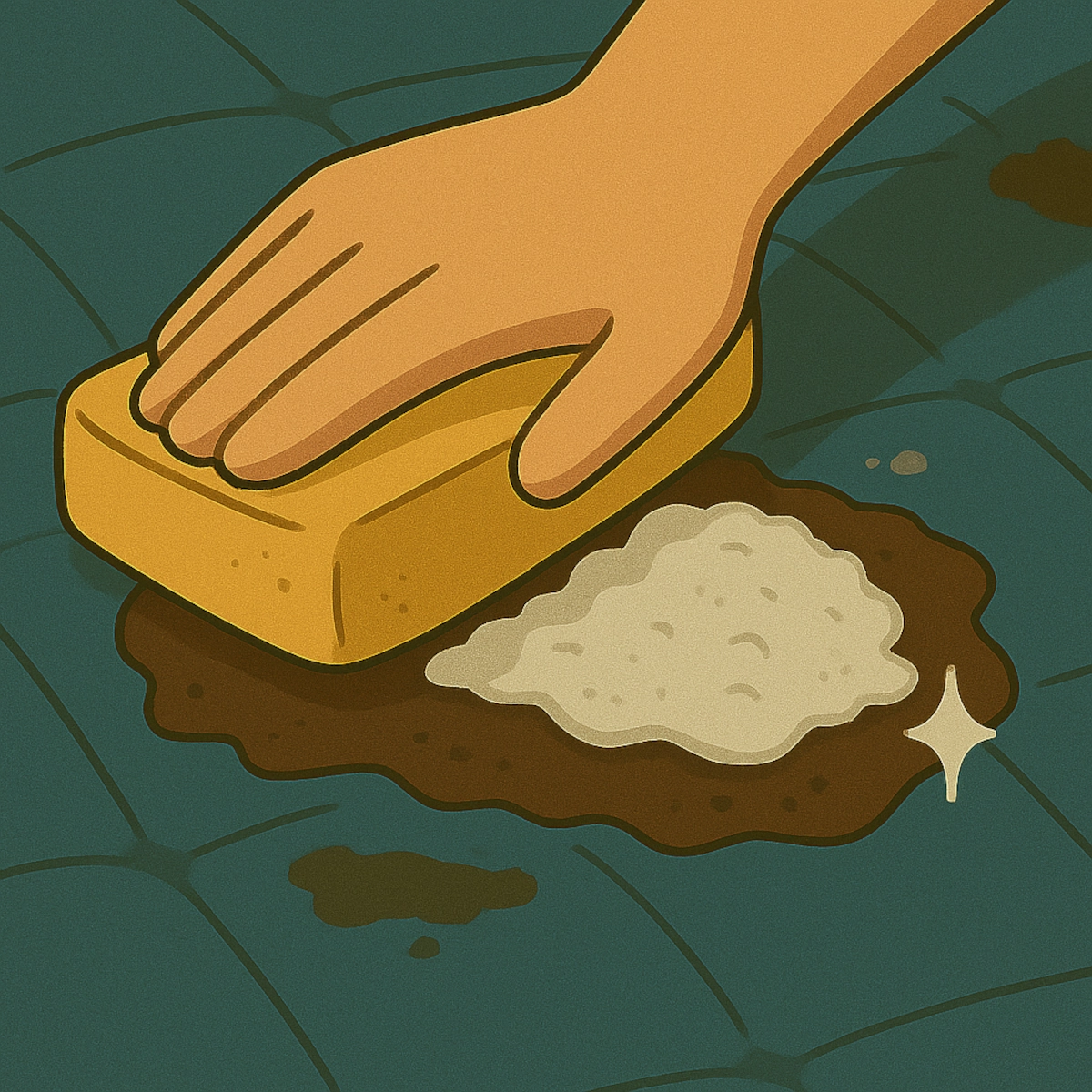 Hand scrubbing brown stain on air mattress with sponge and cleaning foam.