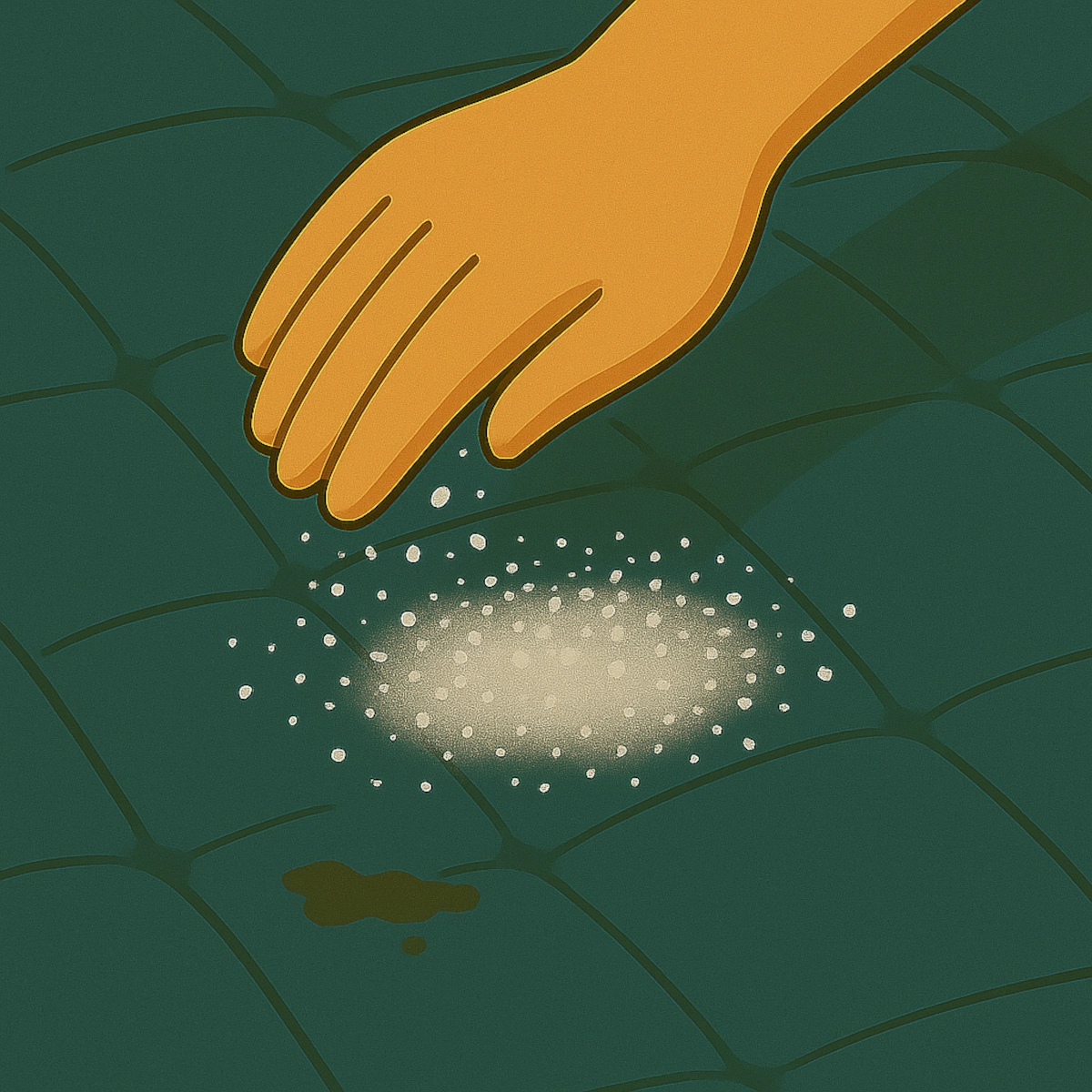 Hand sprinkling baking soda over air mattress to remove odours and moisture.