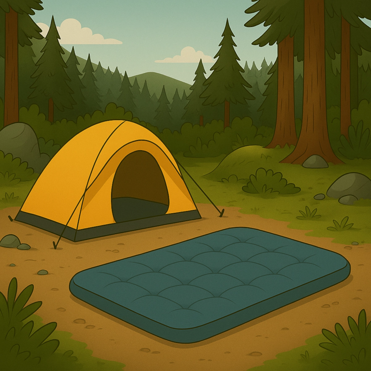 Yellow tent with blue air mattress drying on forest ground in evening light.