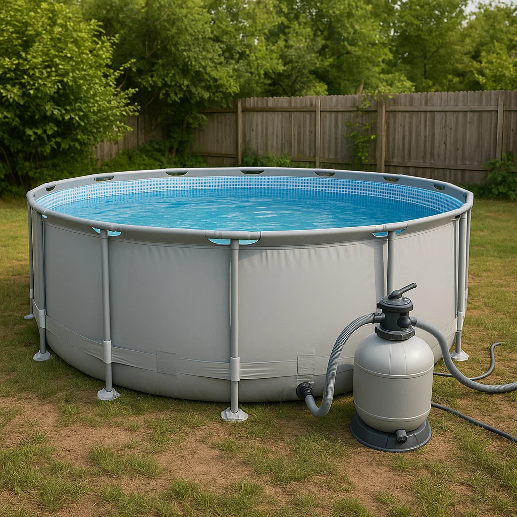 Complete above-ground pool kit with frame, liner, pump, and ladder for easy DIY setup.