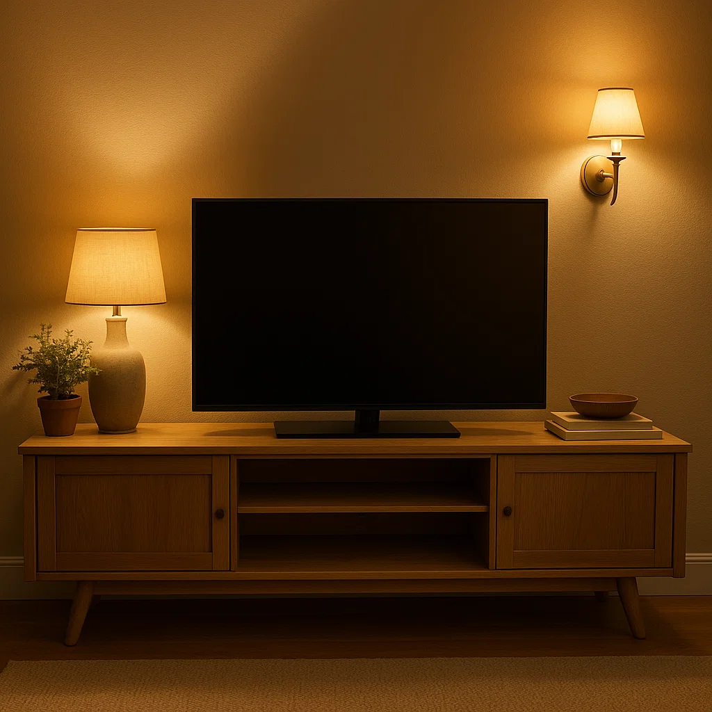 TV stand with warm ambient lighting, table lamp, and wall sconce creating a cozy living room setup.