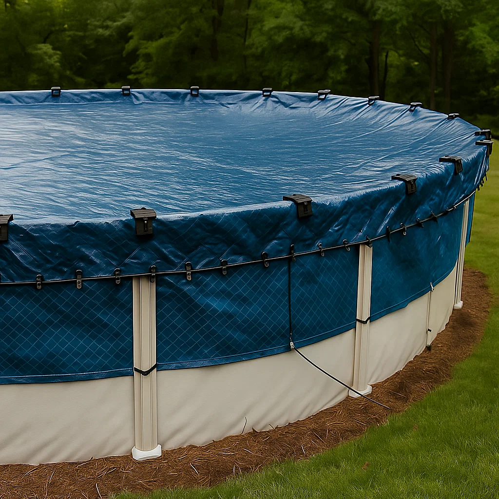Inflated air pillow centered in pool under tightly secured winter pool cover.
