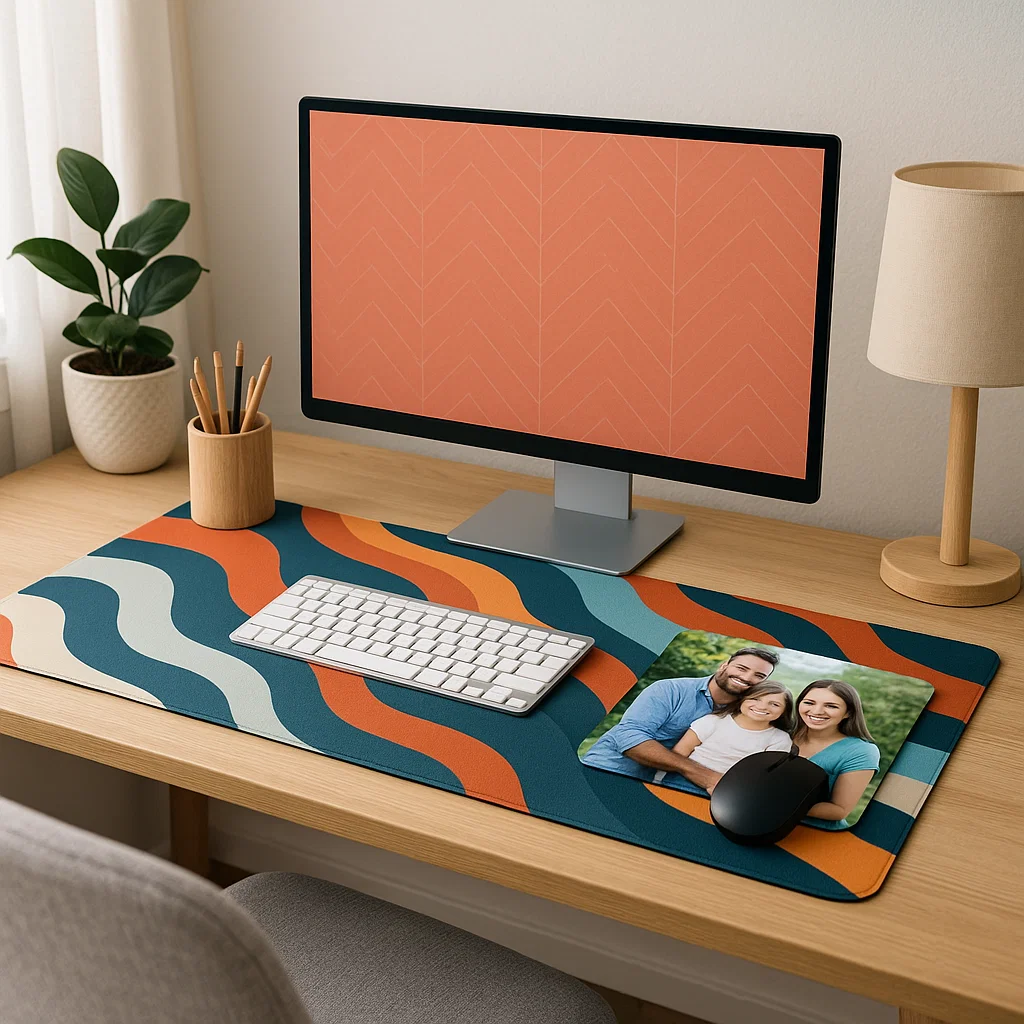 Colourful mouse pad with family photo beside desktop monitor and keyboard