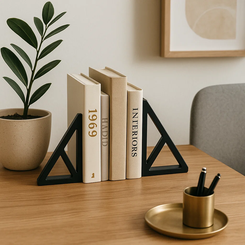 Books held by black geometric bookends on wooden desk with gold accessories