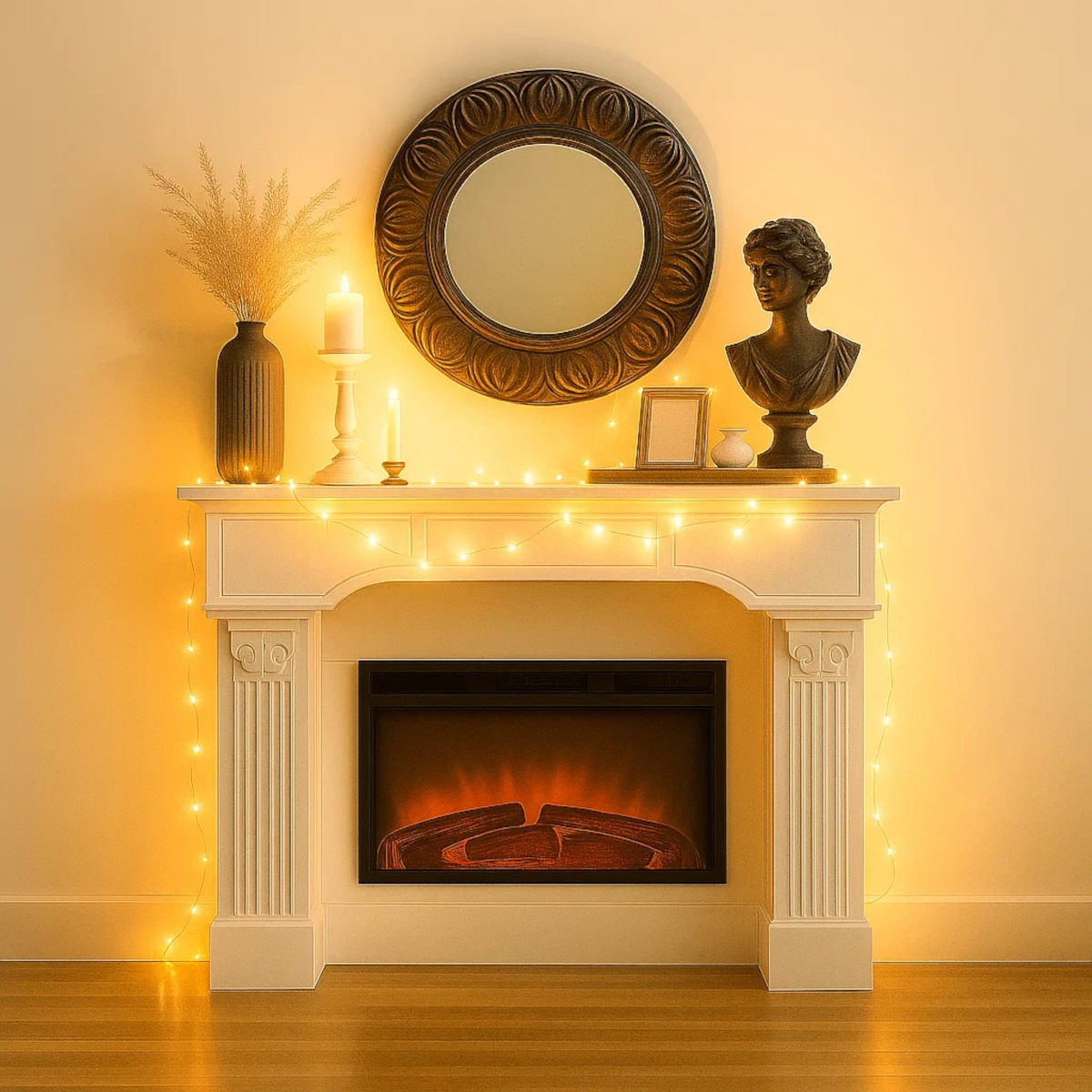 White mantel decorated with lights, candles, and classic mirror for warmth