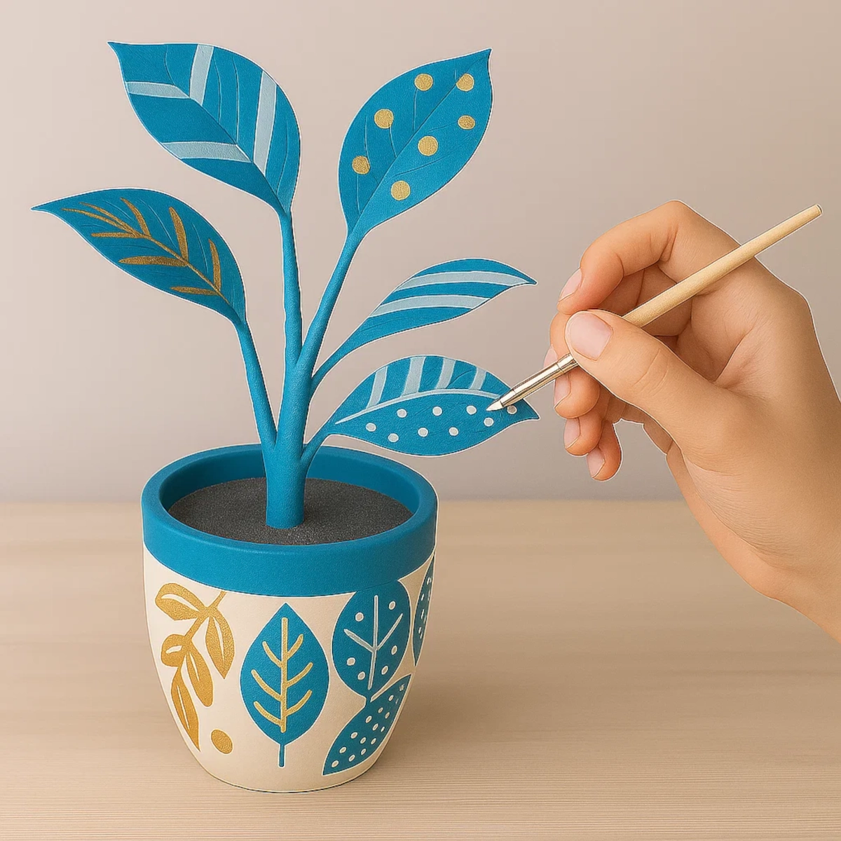 Hand painting blue and gold decorative patterns on artificial plant leaves in a matching pot.