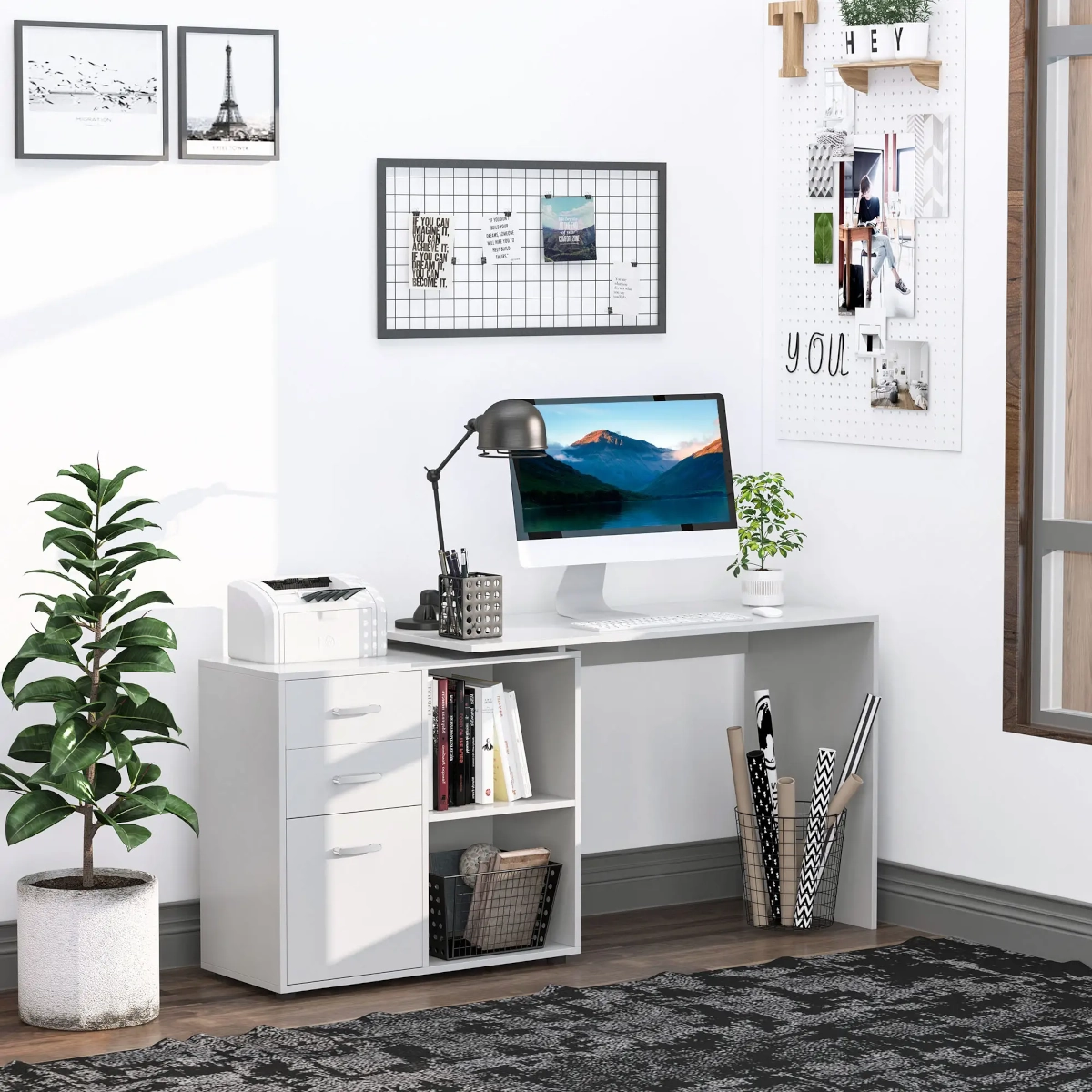 Bright workspace with wall grid, iMac, and black desk lamp on grey table