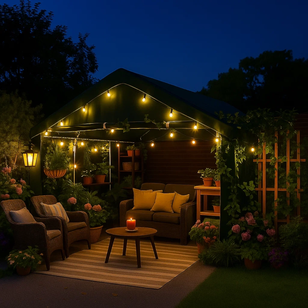 Cozy backyard gazebo with string lights and plants creating a relaxed outdoor space