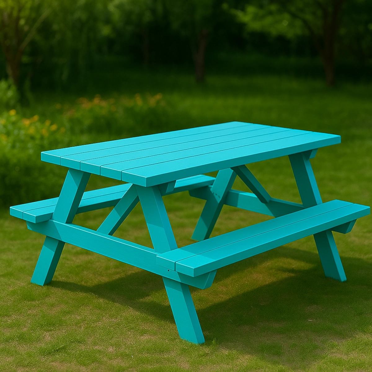 Painted picnic tables in bright colors with decorative patterns and outdoor setting.