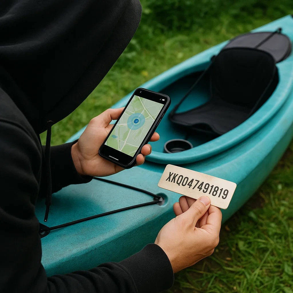 Person using GPS app and HIN plate to track and secure their kayak effectively.