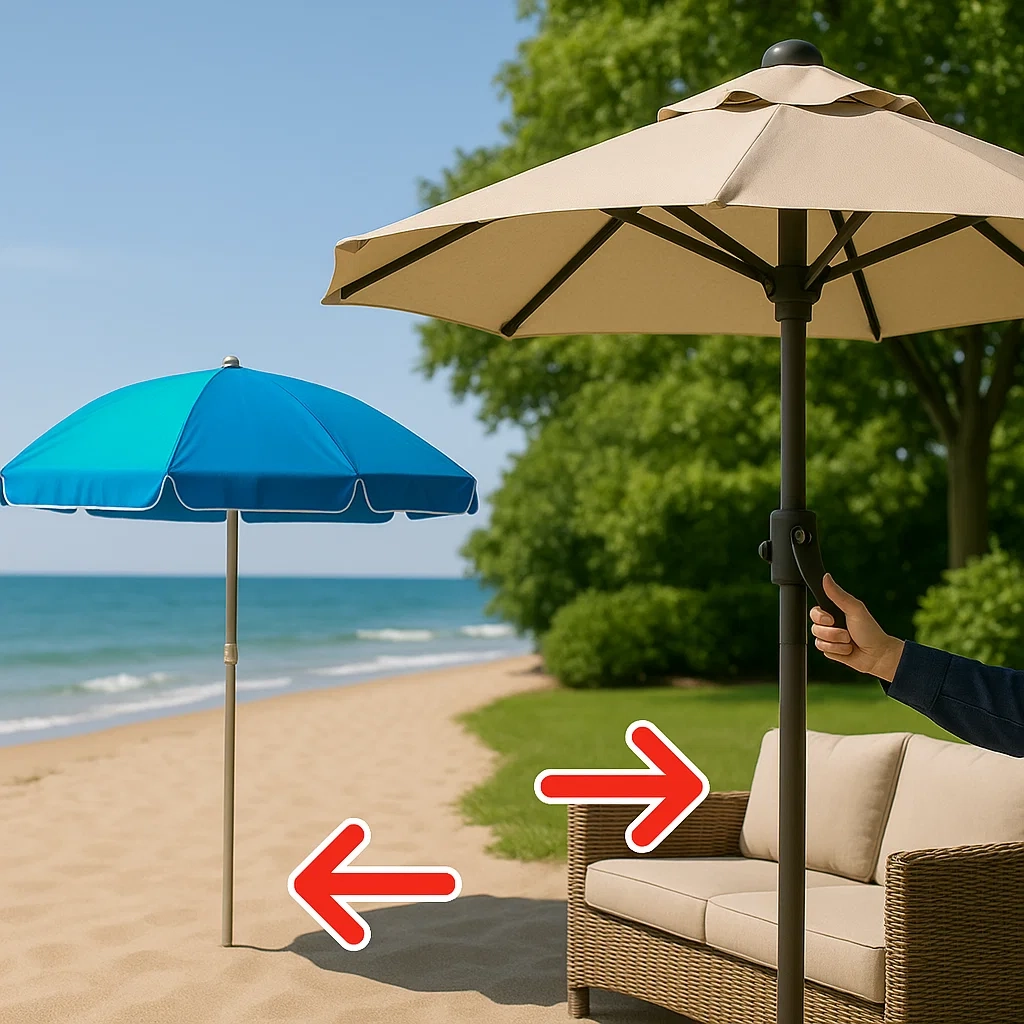 Patio umbrella with crank and beach umbrella on sand, showing shade customization options.