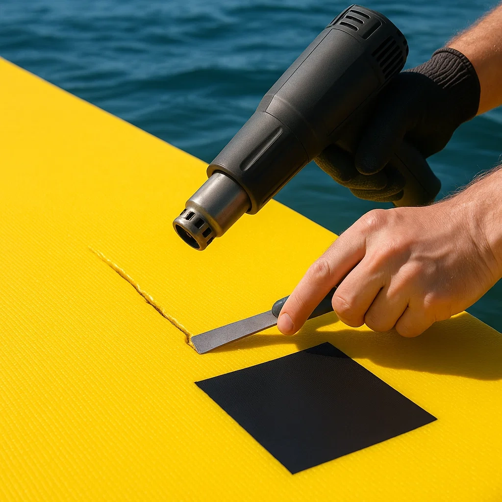 Heat gun used on vinyl mat for smooth patch application during repair.