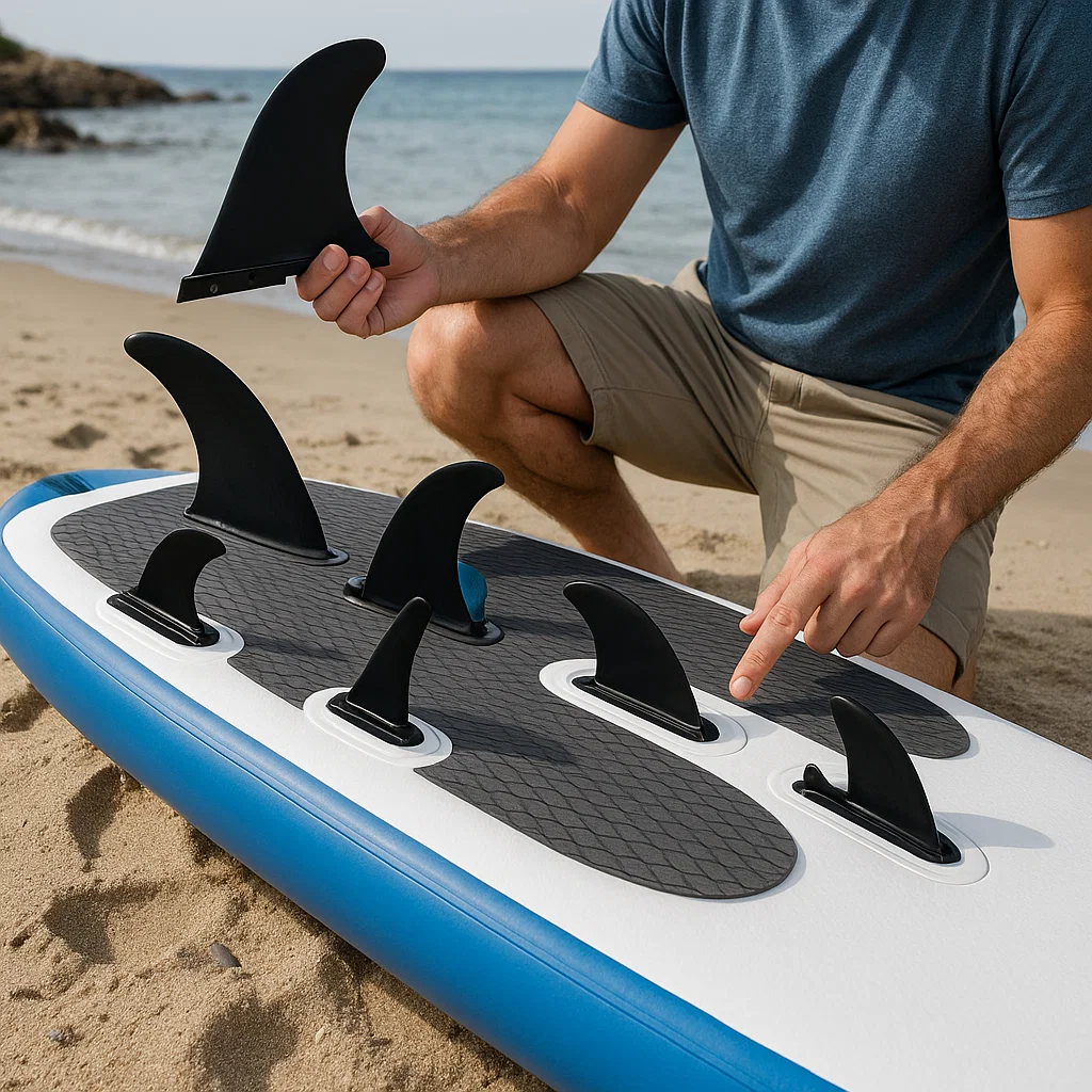 Person assembling multiple fins onto an inflatable paddle board on sandy beach.