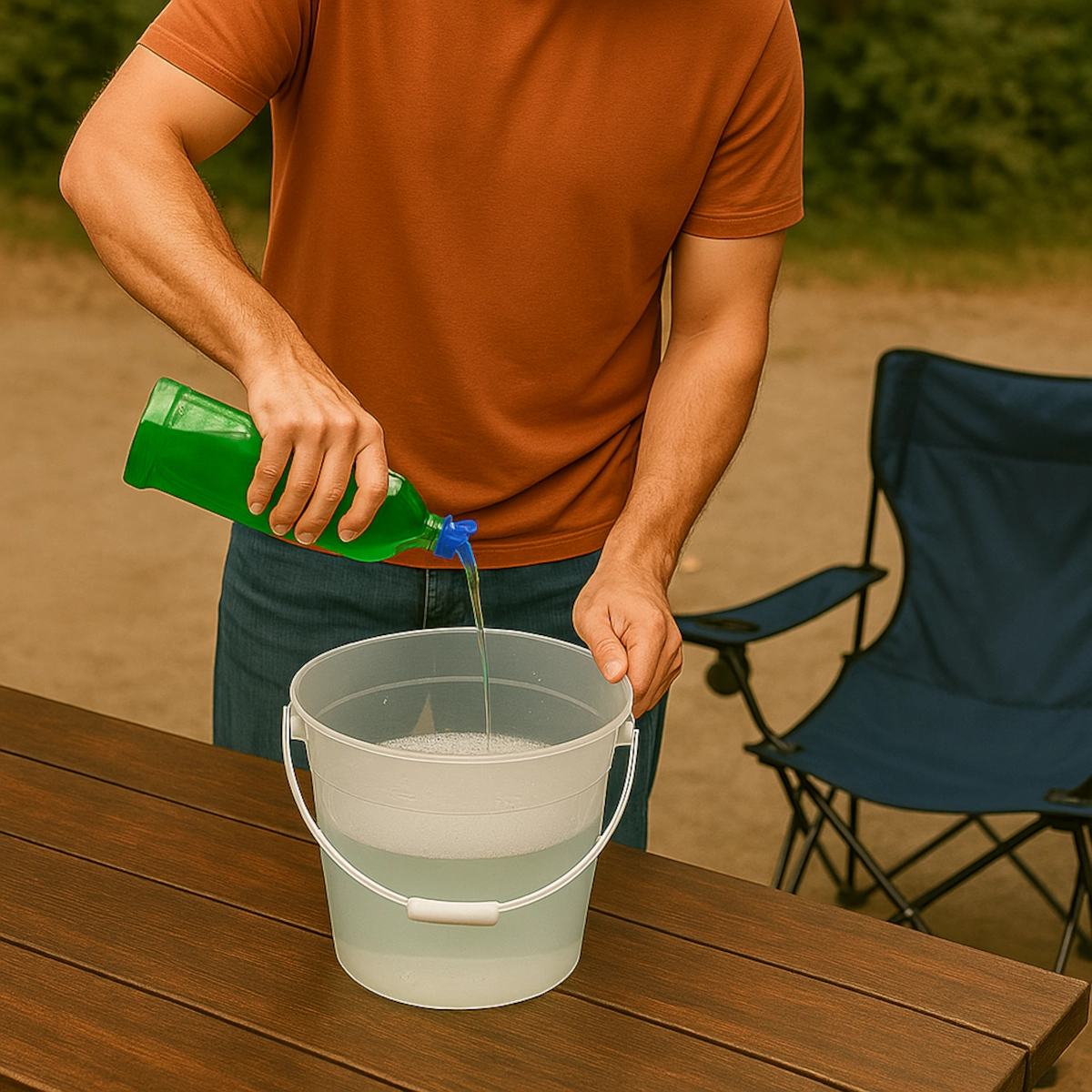 Close-up of hands applying soapy water to picnic table with sponge or cloth.