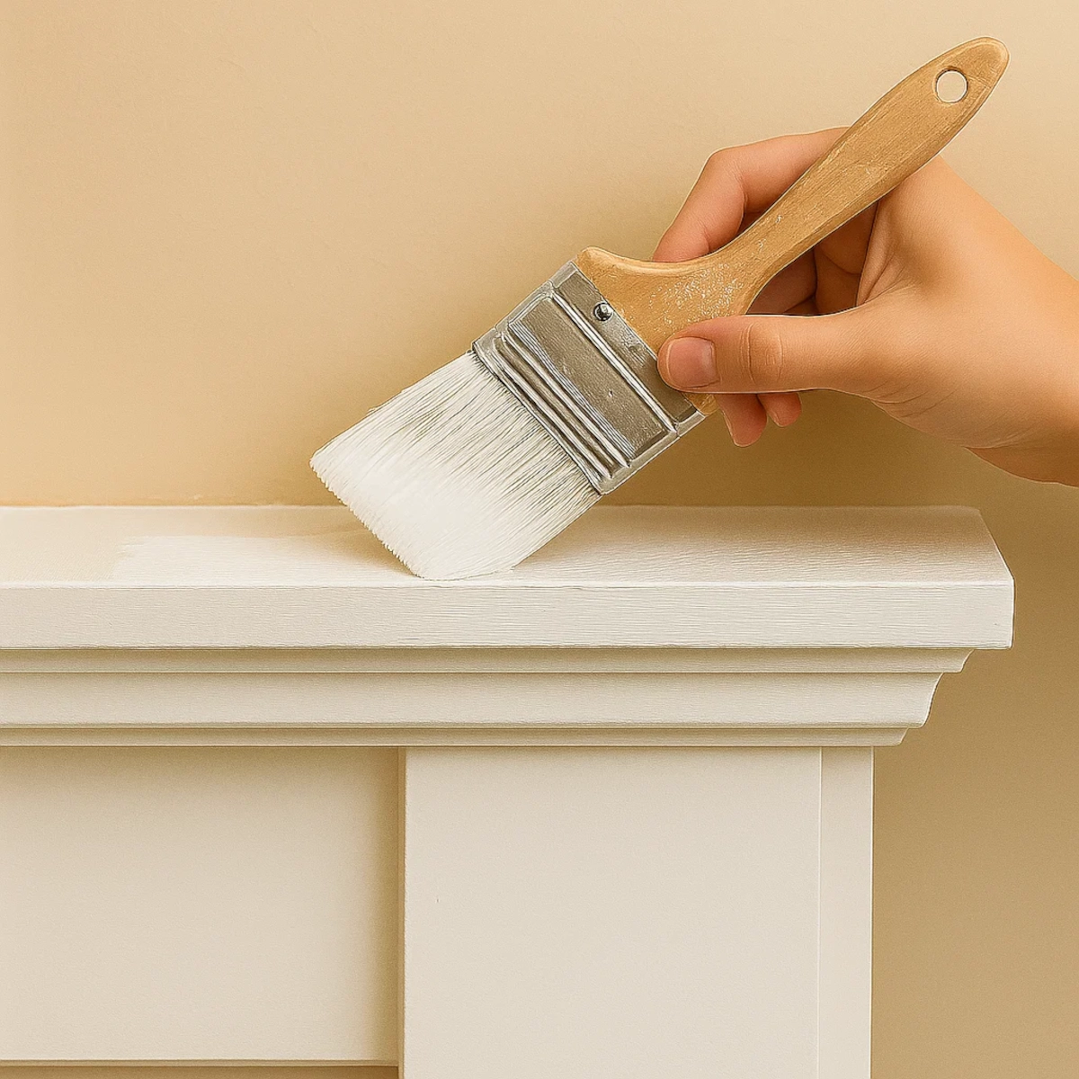 Hand applying primer with a brush to a white fireplace mantel surface.