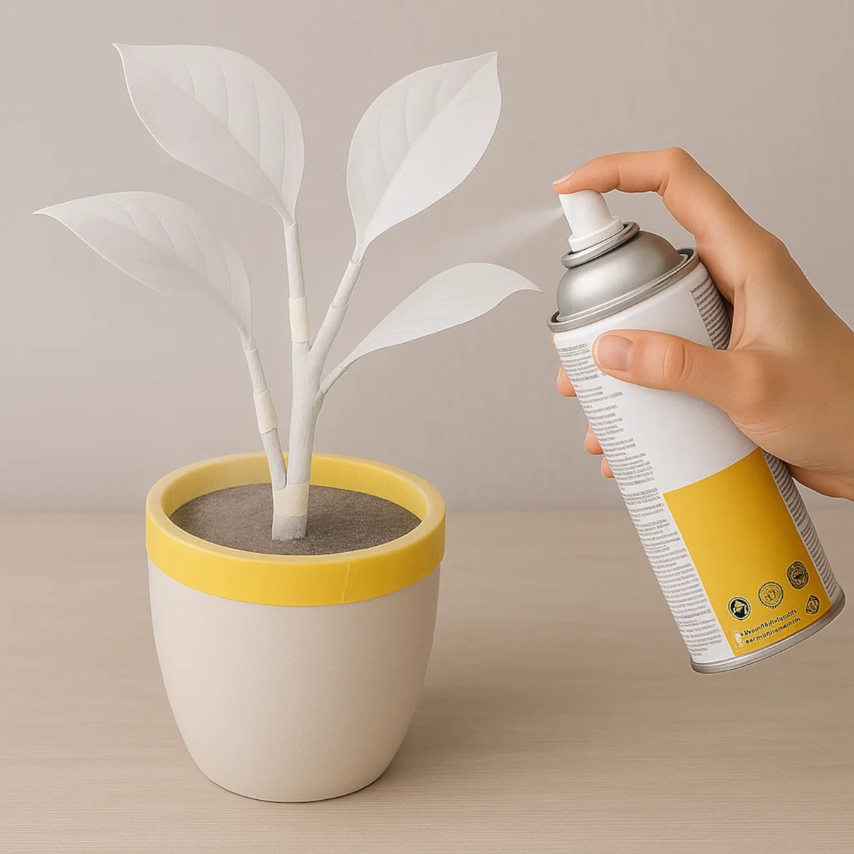 Applying white spray primer to artificial plant leaves in a pot with yellow masking tape.