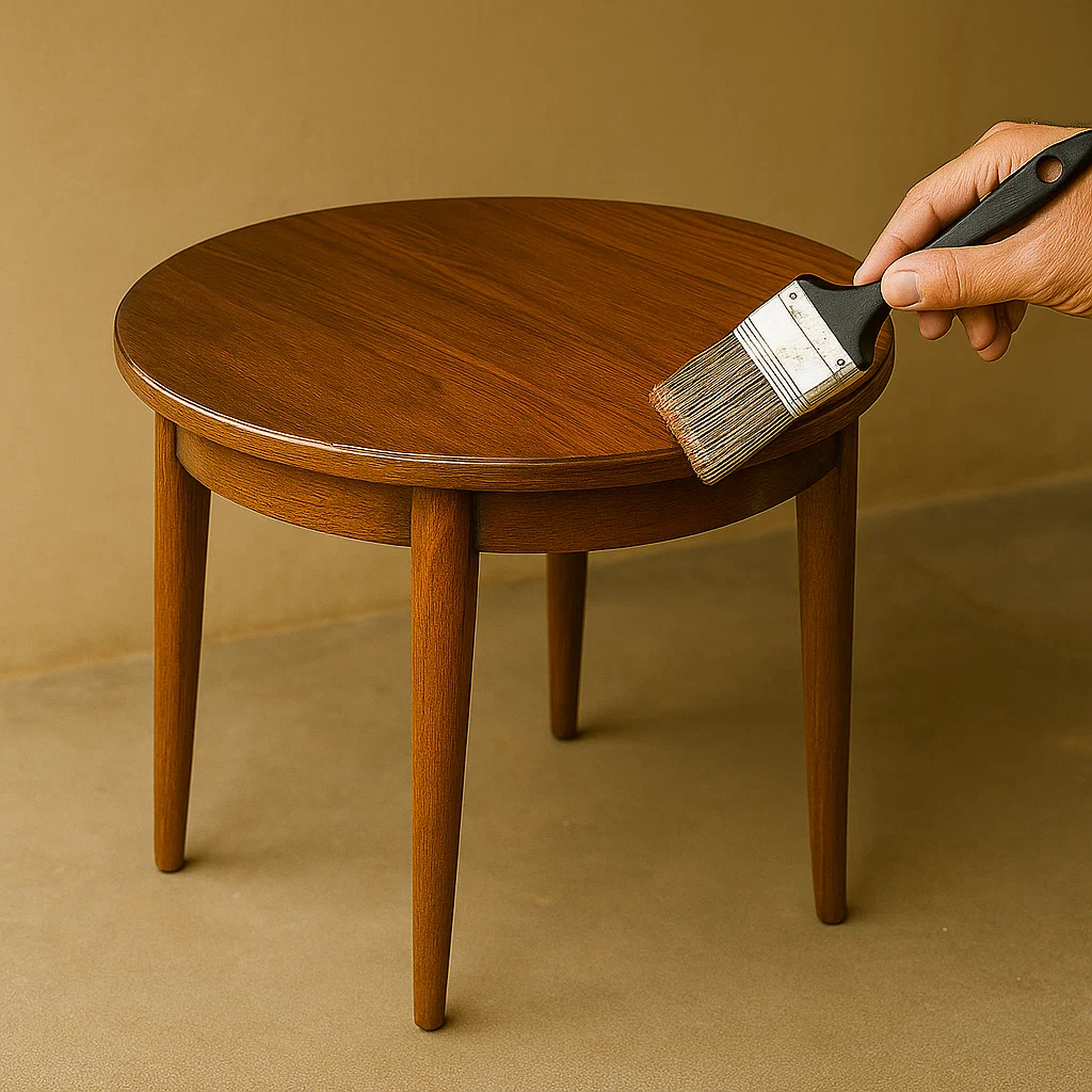 Applying protective finish on round wood table using a flat brush for smooth, glossy surface.
