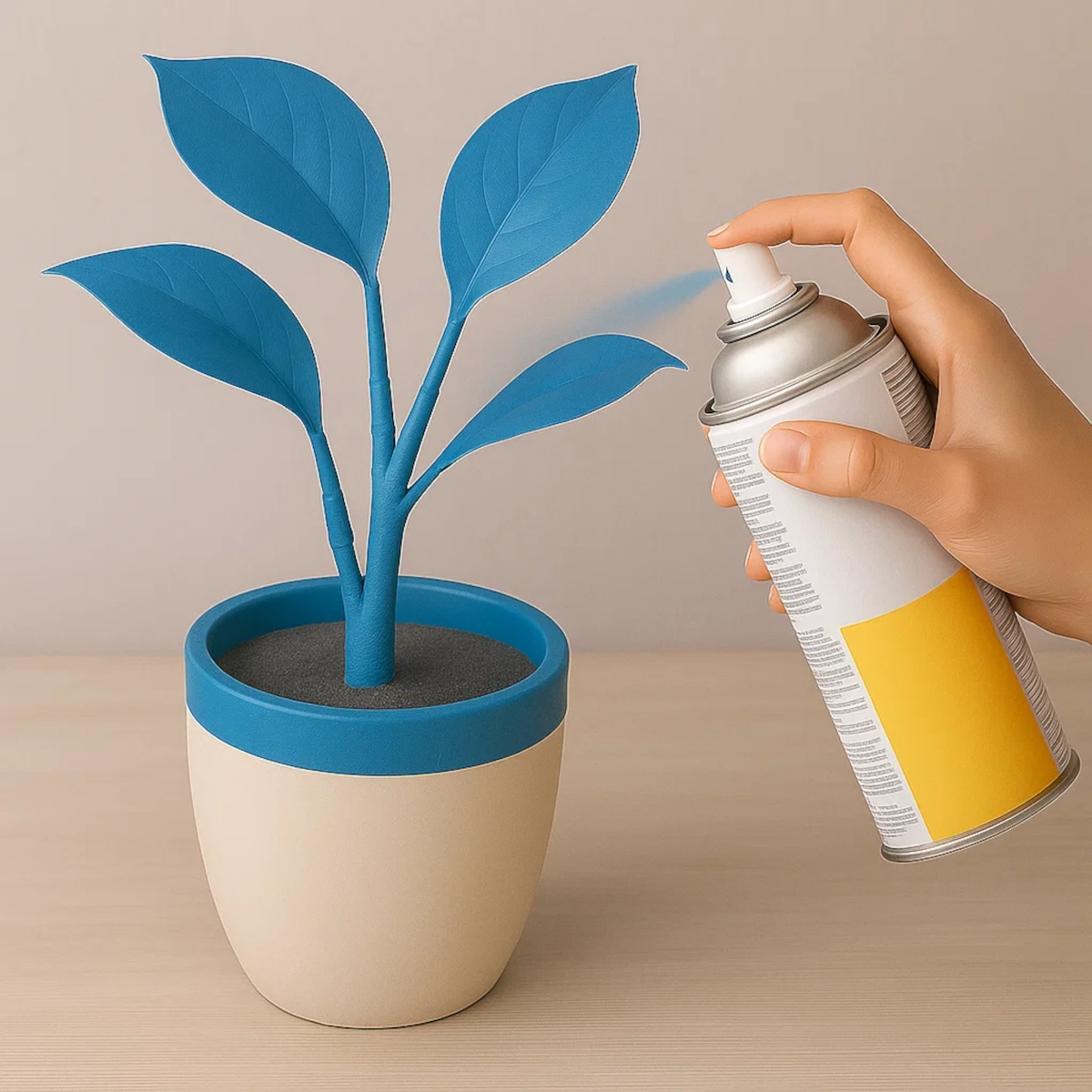 Hand spraying blue paint on artificial plant leaves in a beige pot with blue rim.