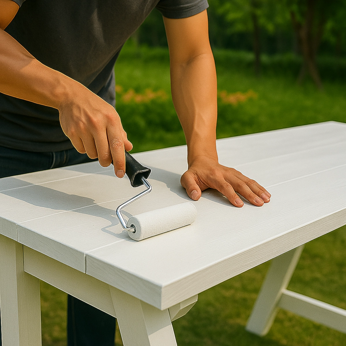 Person painting first coat of outdoor paint on a wooden picnic table with a roller.