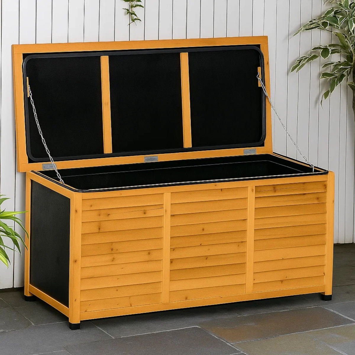 Outdoor storage box with rubber seal applied for improved weatherproofing and moisture resistance.