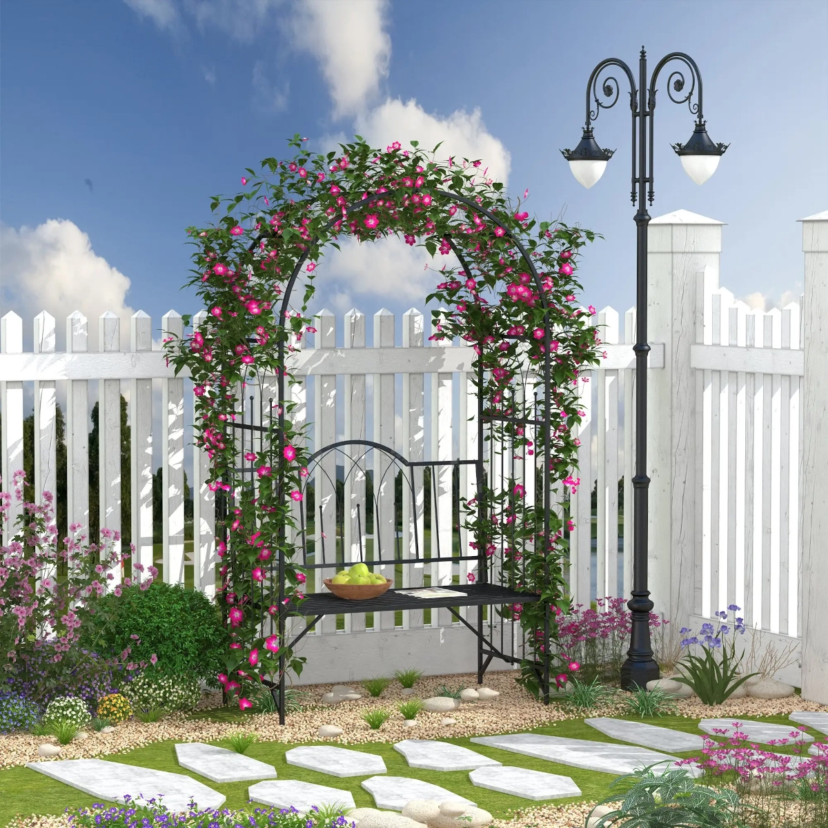 Black metal bench with overhead floral arbor set in a charming garden corner.