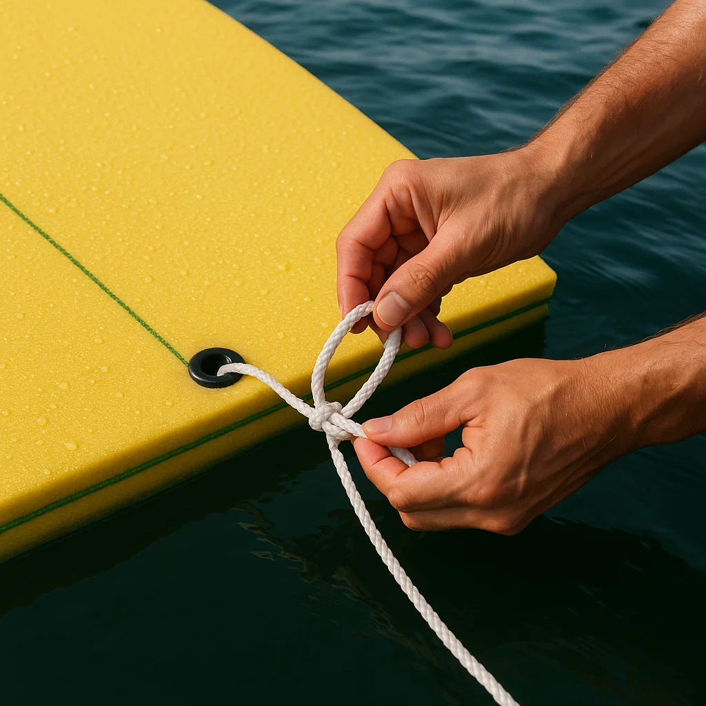 Tying rope securely to floating water mat for safe anchoring on lake or ocean.