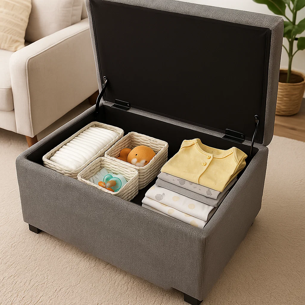 Open ottoman storage with neatly organized baby diapers, clothes, and toys in baskets.