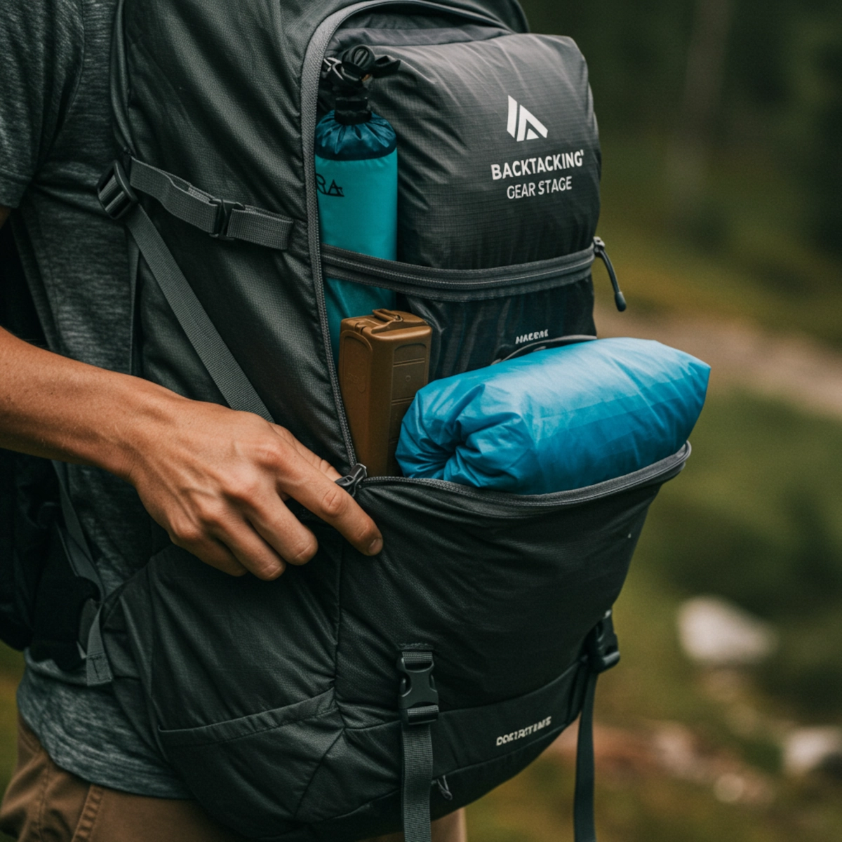 Close-up of man packing camping essentials into lightweight backpack during hiking adventure.