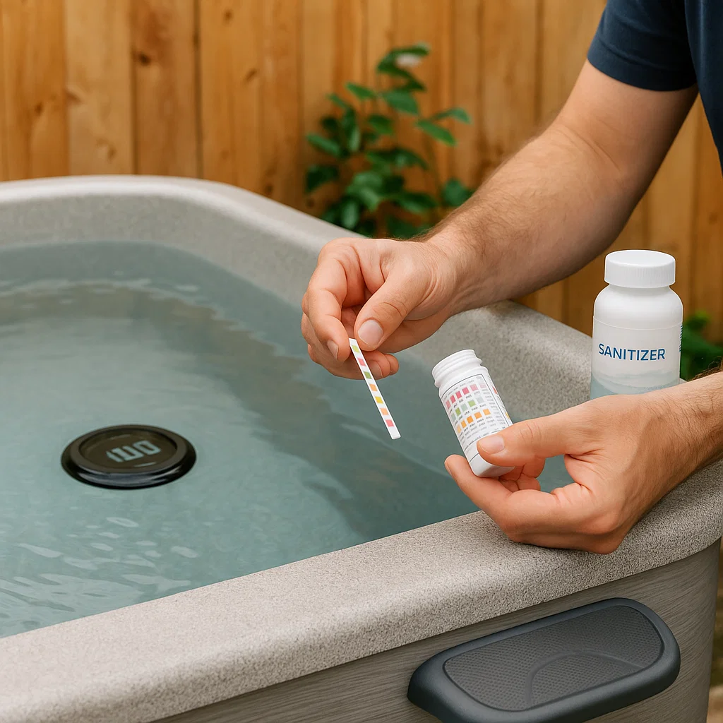 Chemicals and test strips used to balance pH and sanitation of tub water.