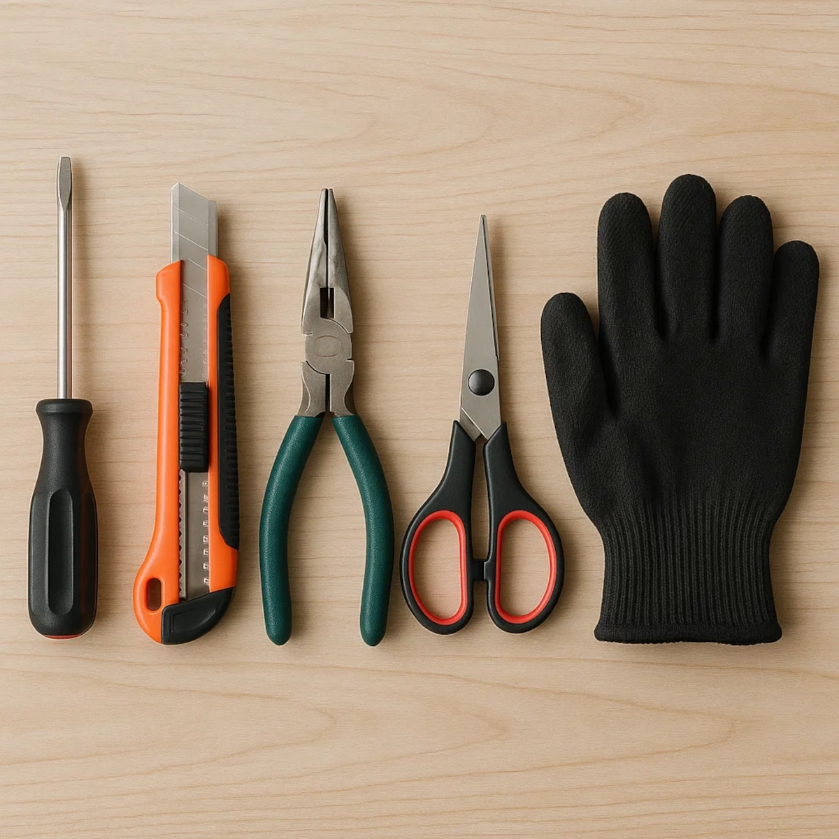 Flathead screwdriver, utility knife, pliers, scissors, and black glove arranged on wood surface.