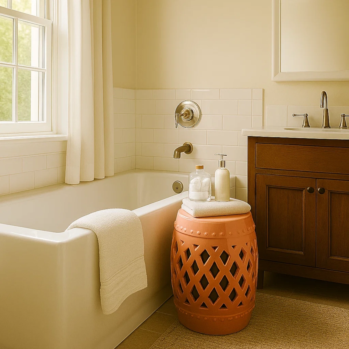 Spa-like bathroom with a terracotta garden stool, white towel, and bath essentials by the tub.