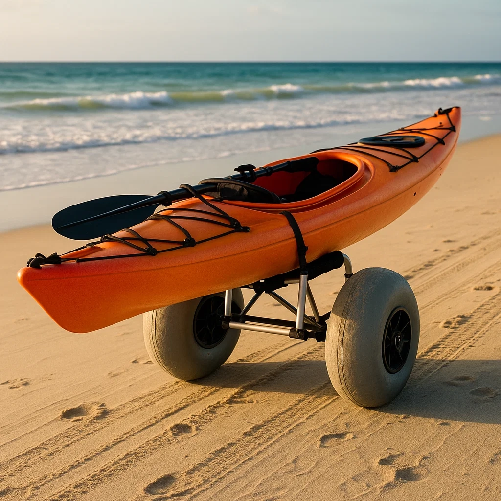 Orange kayak with paddle mounted on wide-wheeled cart rolling along wet beach sand.