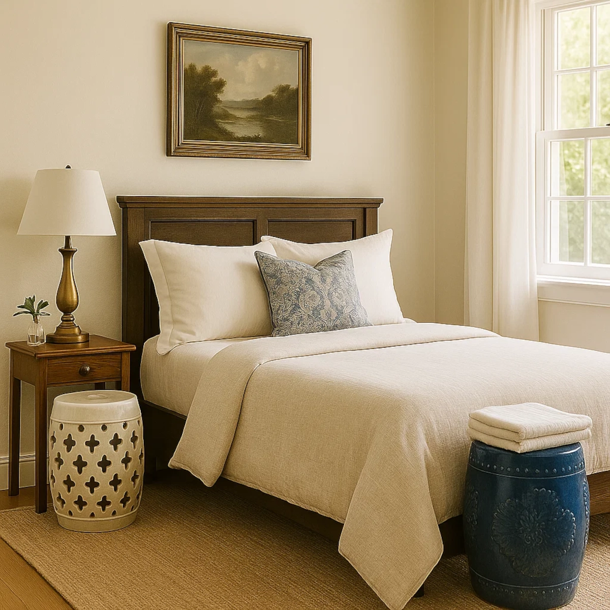 Cozy bedroom with two garden stools as bedside tables, layered blankets, and soft neutral bedding.