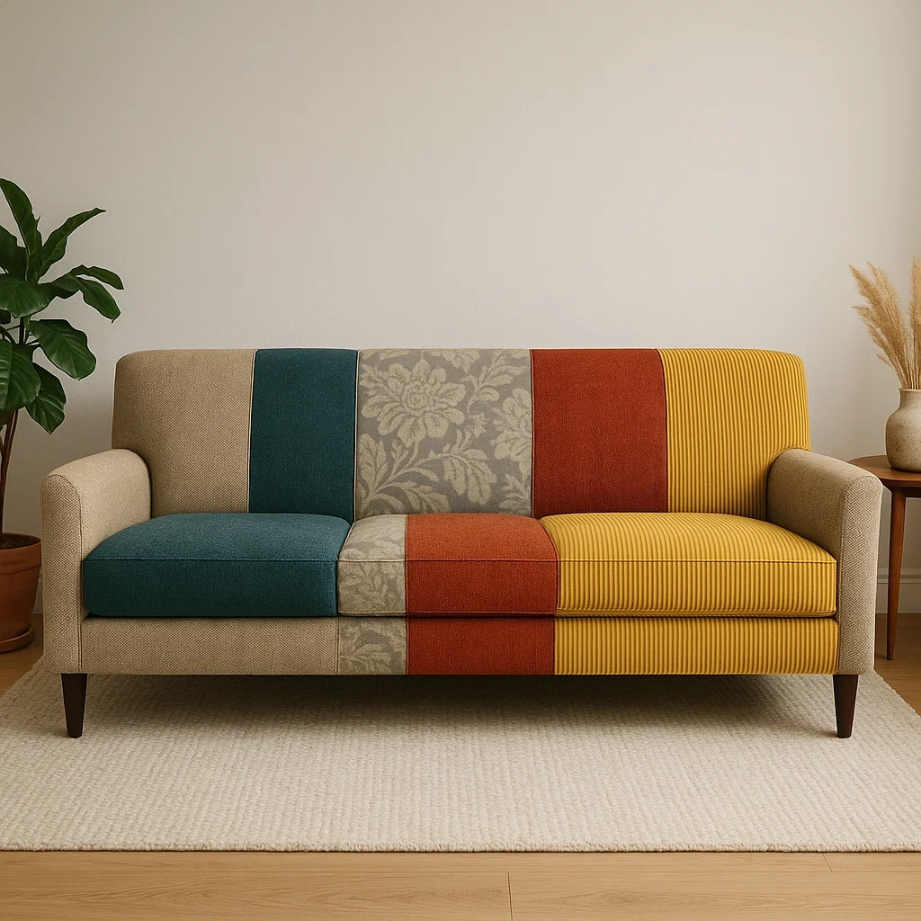 Colourful patchwork upholstered sofa placed on a neutral rug in a simple, cozy room.