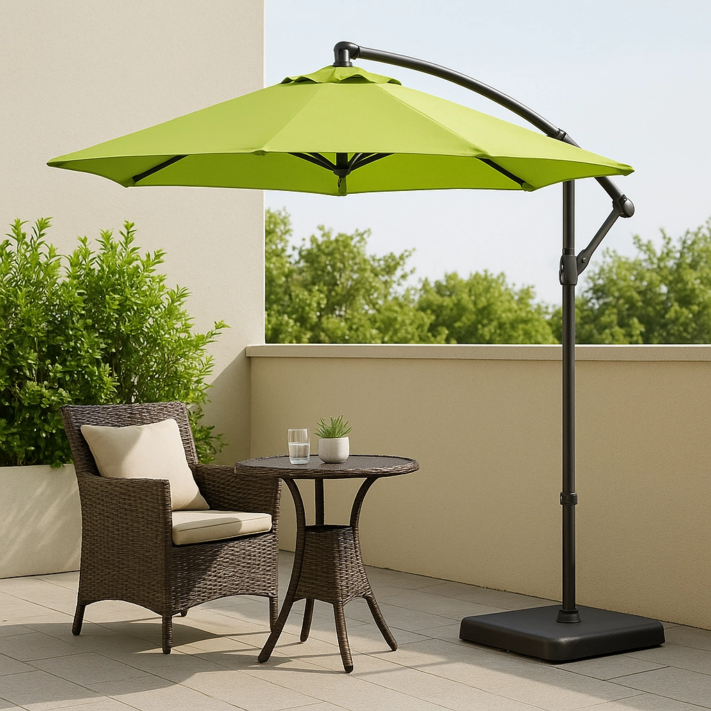 Compact outdoor umbrella shading a cozy balcony or small patio corner.