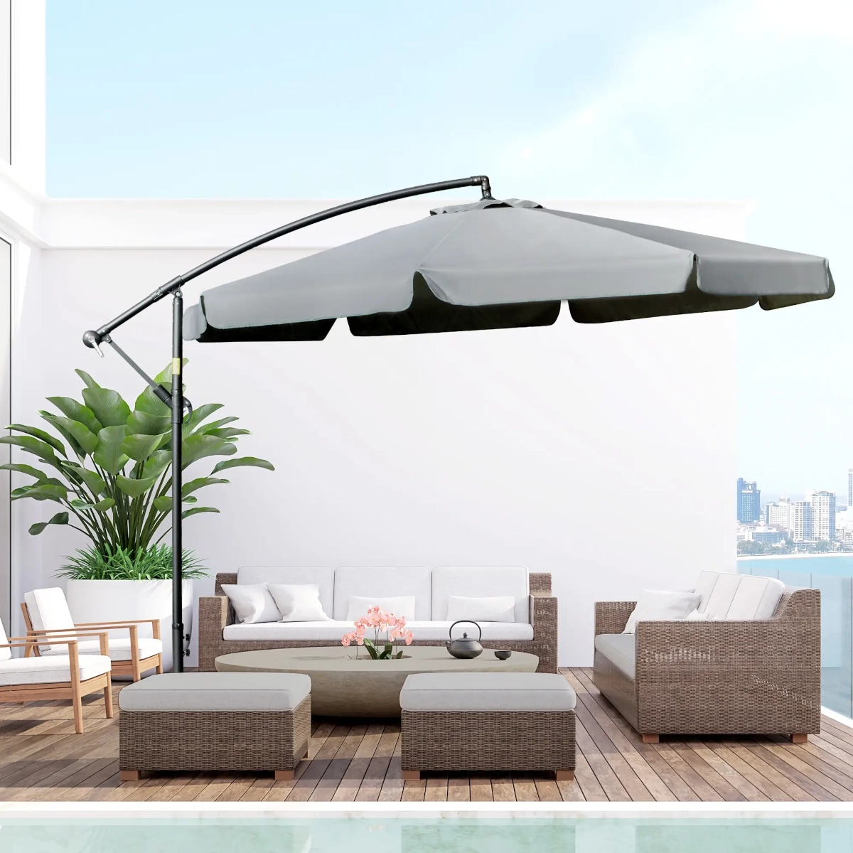 Wind-resistant patio umbrella securely placed in breezy outdoor setting.