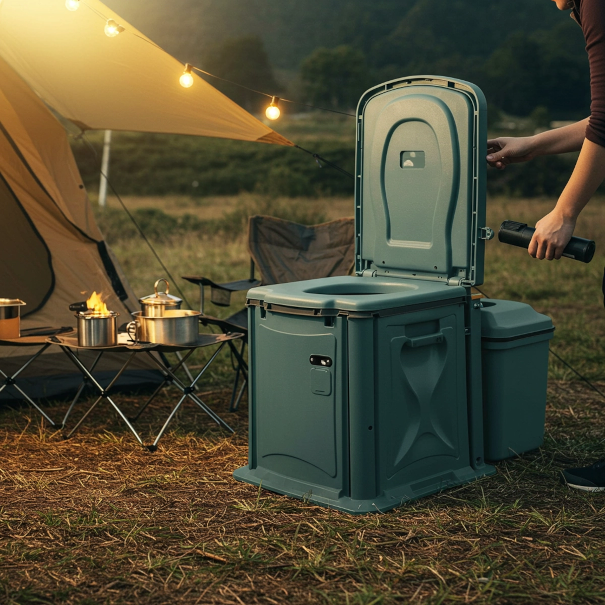 Portable camping toilet set up next to a tent with camping gear.