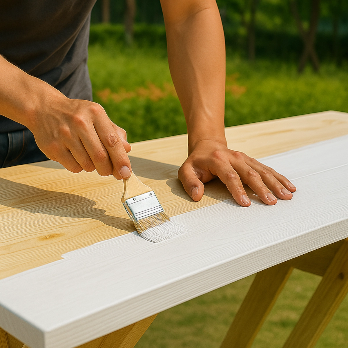 Applying outdoor primer to wooden picnic table using a paintbrush for weather protection.