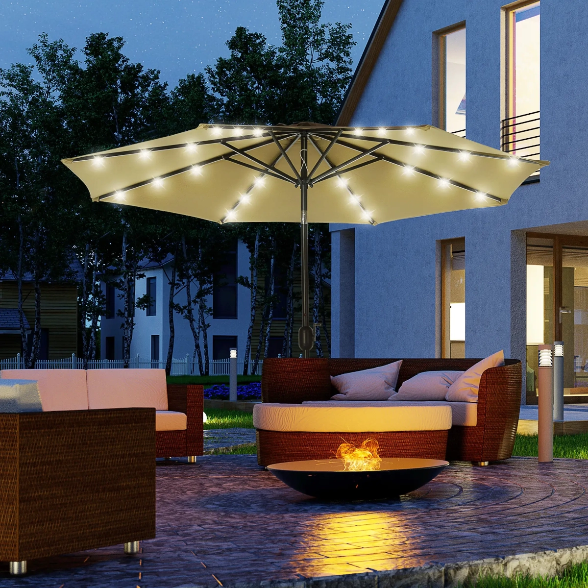 Solar-powered patio umbrella with LED lights for eco-friendly backyard use.