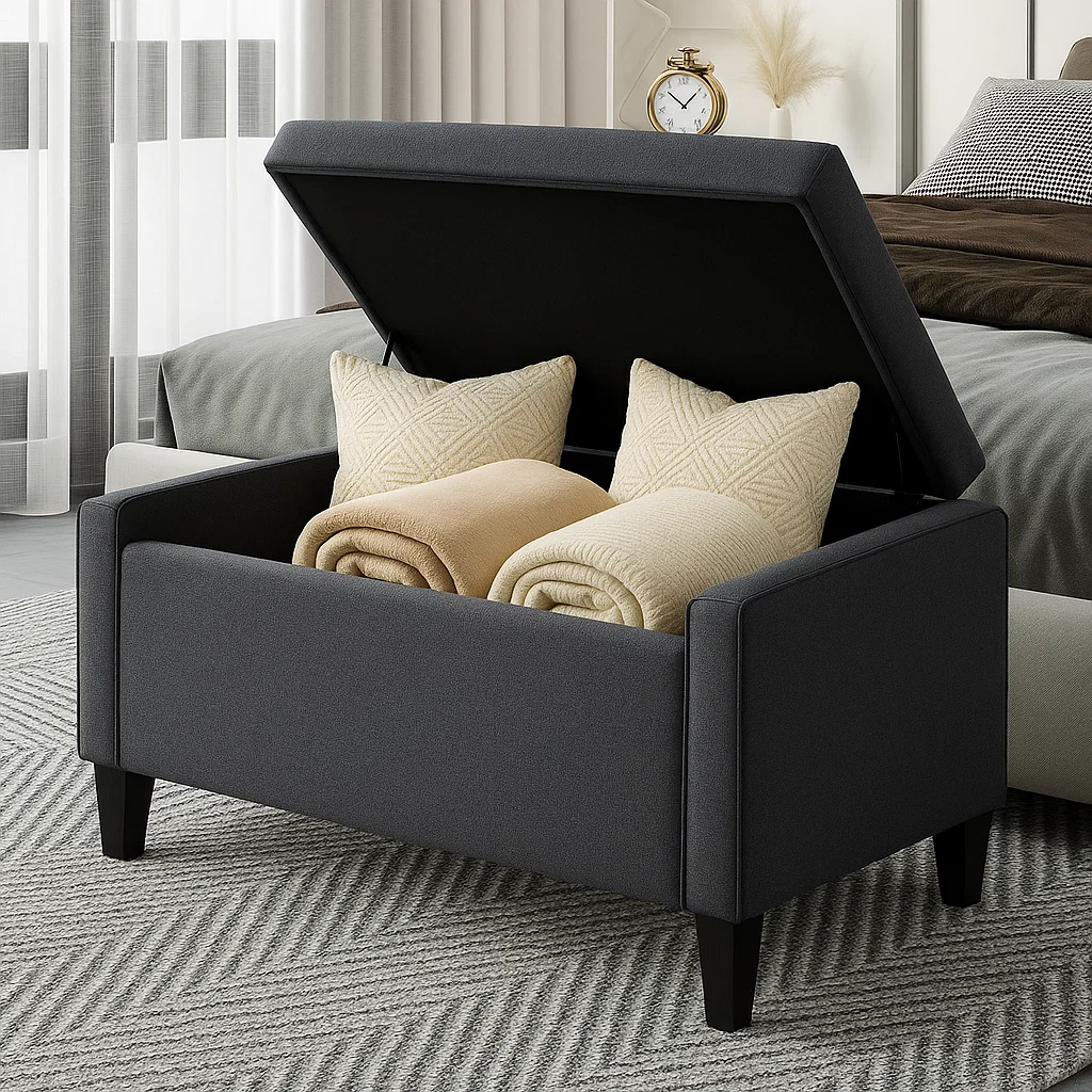 Gray storage ottoman open with two beige pillows and matching rolled blankets inside.