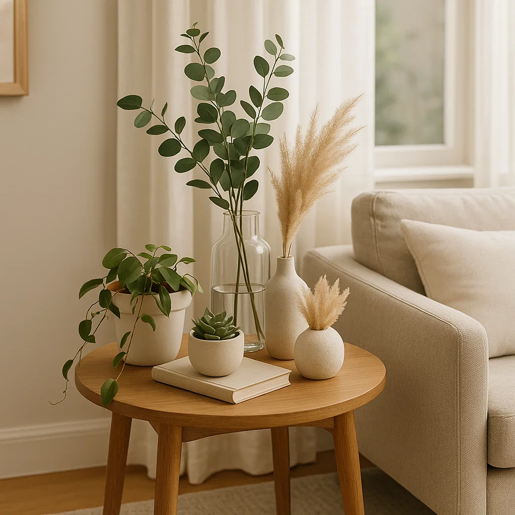 Side table with a large vase holding green leaves, a small succulent plant, and a decorative bowl.