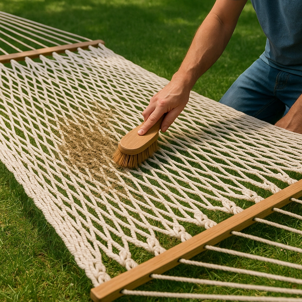 Hand brushing dirt off a rope hammock outdoors on green grass.