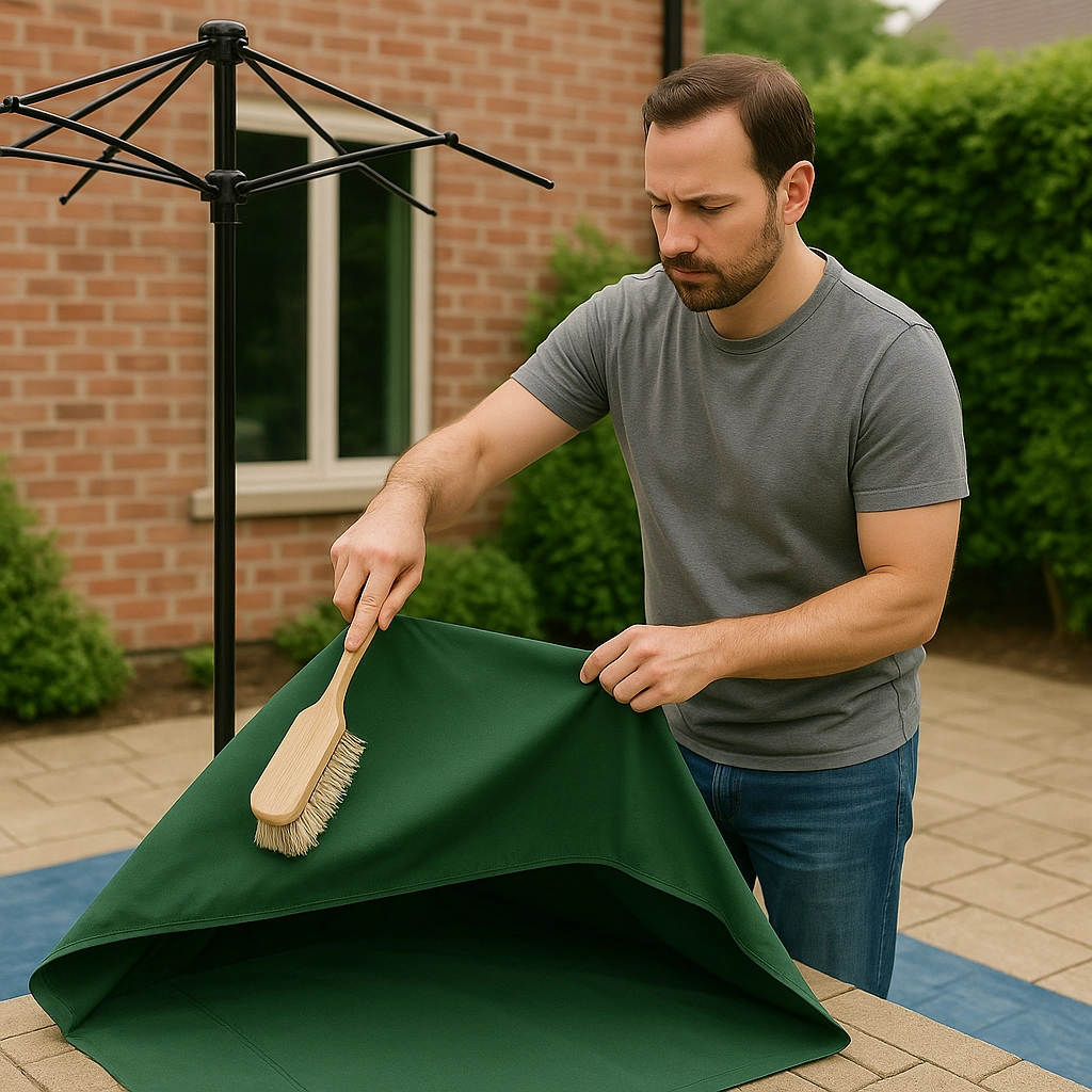 Person brushing loose leaves and dirt off a patio umbrella with a handheld broom outdoors.