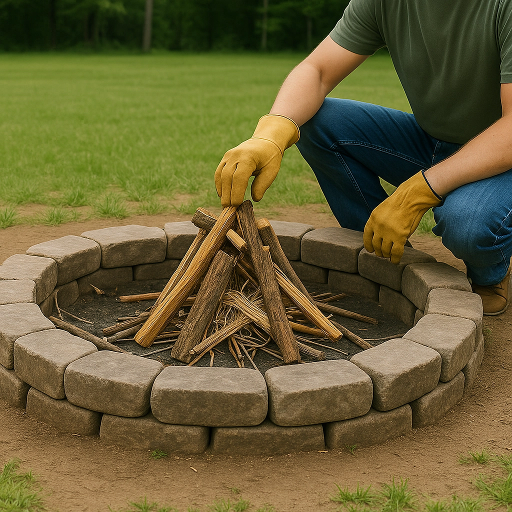 Hands stacking wood and kindling to construct a proper fire base inside a fire pit.